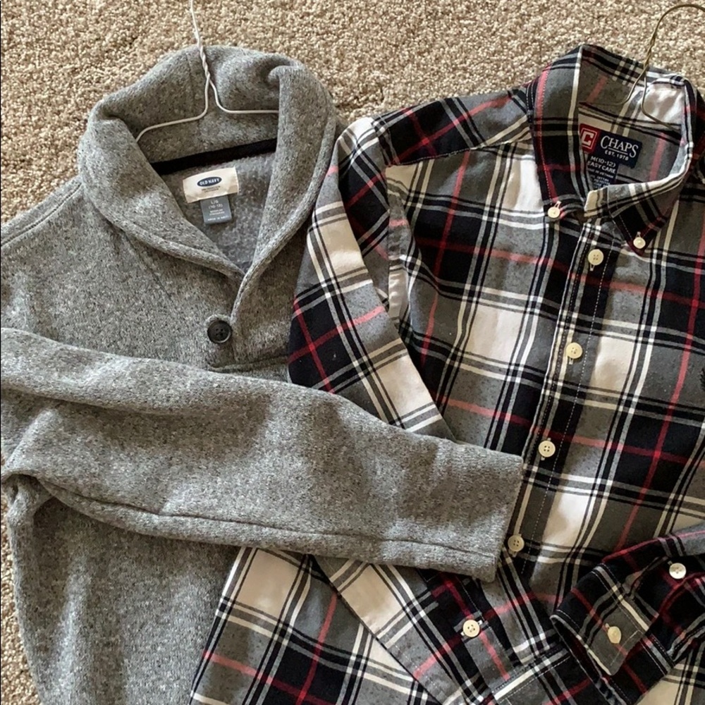 2 plaid shirts and one like new grey sweater